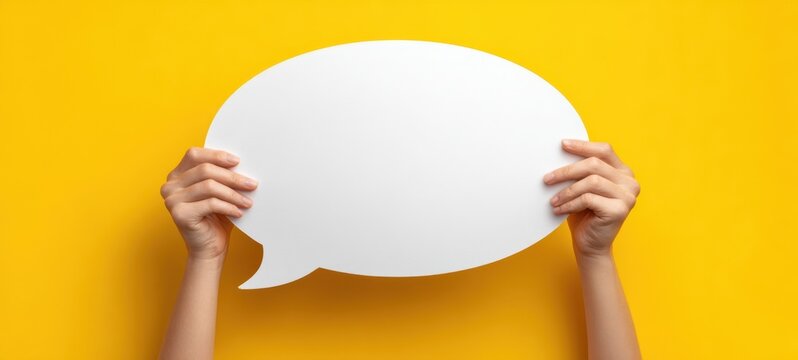 The speech bubble held by hands on vibrant yellow background for messaging