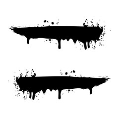 Two black grunge paint brush strokes with drips isolated on transparent background for design elements and backgrounds isolated on trasparent background