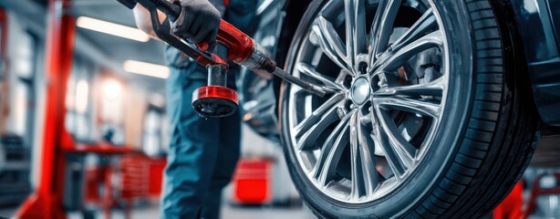 The Wheel of a Car Being Polished by a Mechanic in Workshop