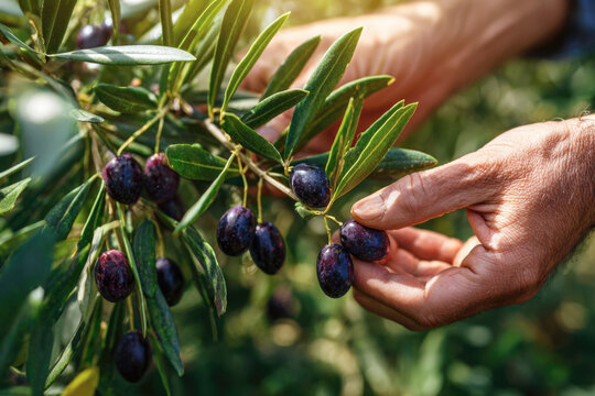 Hands of a farmer gently harvesting ripe olives from a lush green olive tree, showcasing the agricultural process and the beauty of nature's bounty in a sunlit environment - Powered by Adobe