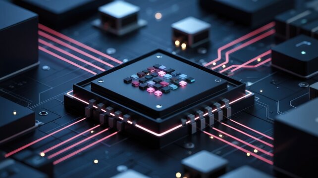 Advanced microchip technology with neon glows for cutting-edge innovation uses