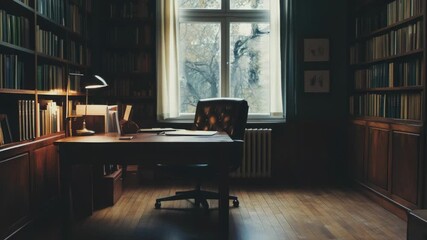 Video A study room with a desk, chair, and bookshelf featuring books