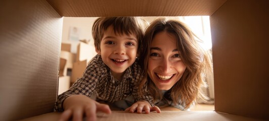The mother and son peeking out of a cardboard box during happy moving day