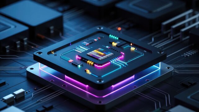 Modern futuristic processor showcases advanced technology and vibrant neon lighting - Powered by Adobe