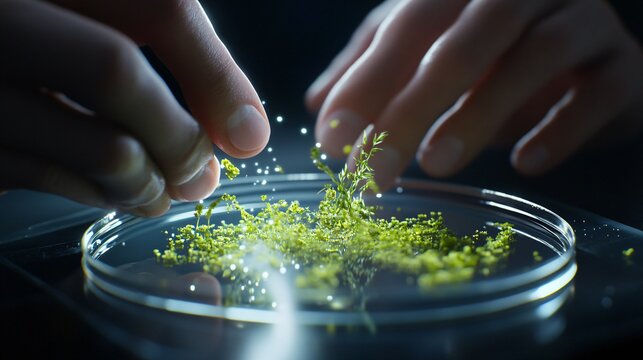 Researcher adding dry herb particles to experiment