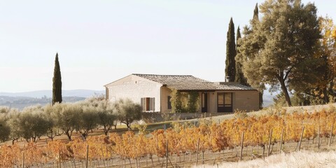 Fototapeta premium Casa rural entre viñedos y olivos en paisaje mediterráneo, Casa de campo rodeada de naturaleza en zona vinícola, Viñedo al atardecer con casa rústica y cipreses