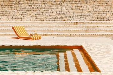 Naklejka premium Terraza con piscina y tumbonas frente al mar Mediterráneo, Piscina exterior con vistas panorámicas y decoración mediterránea, Patio mediterráneo con piscina y paisaje natural de fondo