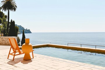 Naklejka premium Terraza con piscina y tumbonas frente al mar Mediterráneo, Piscina exterior con vistas panorámicas y decoración mediterránea, Patio mediterráneo con piscina y paisaje natural de fondo