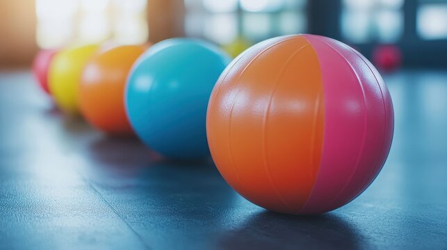 Colorful Exercise Balls in a Modern Fitness Studio