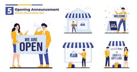 Vector illustration concept set for grand opening announcements, we are open welcome signs, open banners, and celebratory designs for businesses