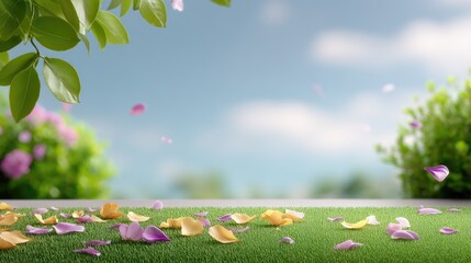 Colorful flower petals scattered on green grass under a blue sky, with soft focus greenery in the background, perfect for springtime or nature themes