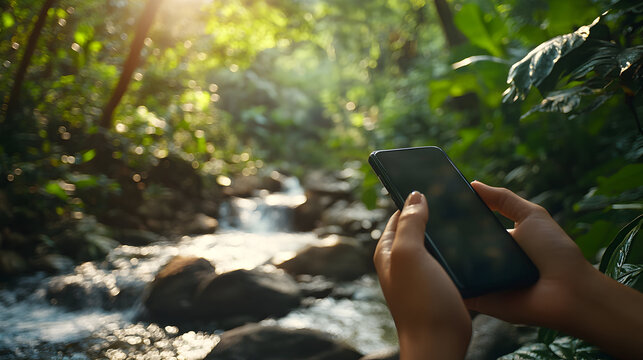 Person holding a smartphone by a serene stream in a lush forest, capturing nature's beauty in the background