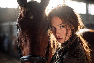 Young woman with long hair, wearing a leather jacket, stands close to a brown horse in a stable, capturing a moment of connection and companionship in a rustic environment