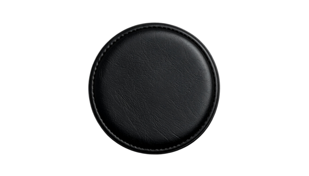 Single Black Leather Circle or Coaster with Stitching Isolated on Transparent Background