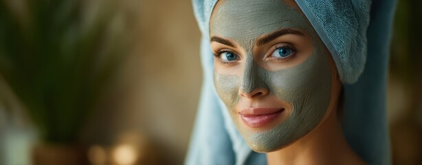 The woman with a green facial mask and towel turban enjoys a relaxing spa moment