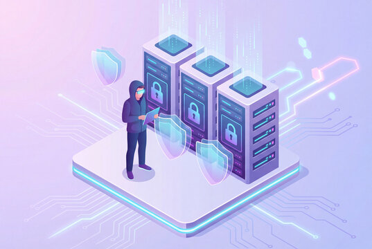 Cybersecurity concept with illustrated security analyst standing in front of secure servers protected by digital shields and padlock icons, symbolizing data protection and network safety