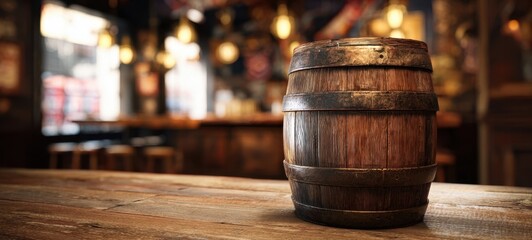 The barrel on a wooden bar counter in a cozy vintage pub interior