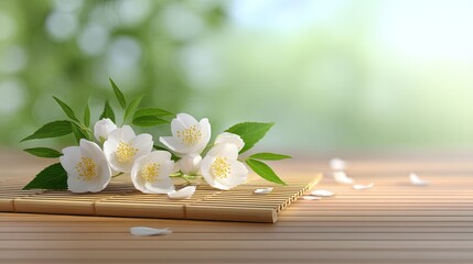 Fototapeta premium Elegant white flowers with green leaves resting on a bamboo mat, soft blurred background creates a serene and tranquil atmosphere for relaxation