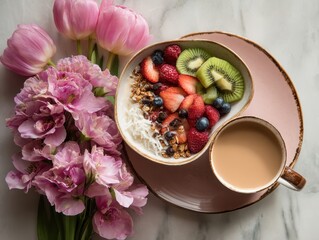 Healthy Breakfast Bowl and Coffee Fresh Morning Flatlay