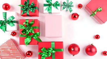 christmas ornaments, red apples, green leaves, gift boxes, festive holiday decor, flatlay composition, minimalist background, high contrast, vibrant colors, clean and organized arrangement
