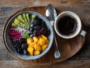 Healthy Breakfast Bowl and Coffee Fresh Morning Flatlay