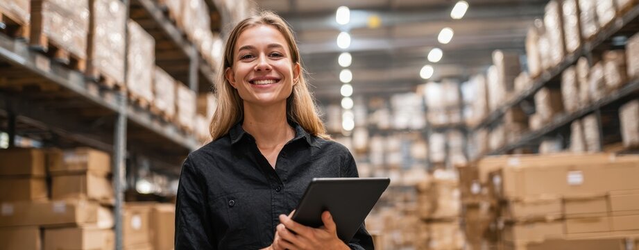 The warehouse worker smiling while holding a digital tablet among stacked boxes - Powered by Adobe