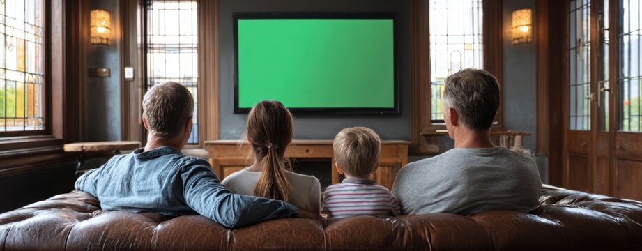 The family watching a large green screen television in a cozy wood paneled living room - Powered by Adobe
