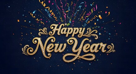 A festive happy new year greeting card with golden text and confetti