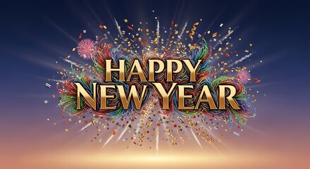 A festive happy new year celebration with colorful confetti and fireworks