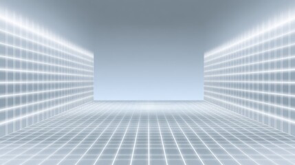 Fototapeta premium Modern Minimalist Interior Space with Bright Neon Lights and Grid Pattern Floor for Creative Design and Virtual Background Usage