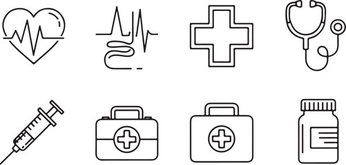 Healthcare Icon Set Medical Essentials Line Vector Illustration