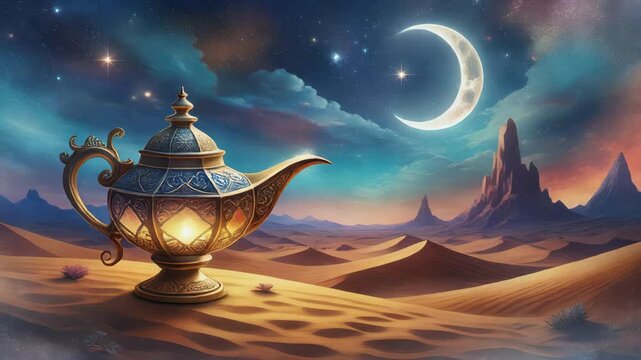 Enchanting genie lamp glows on desert sands under crescent moon and starry sky, evokes Arabian Nights magic, and a sense of wonder.