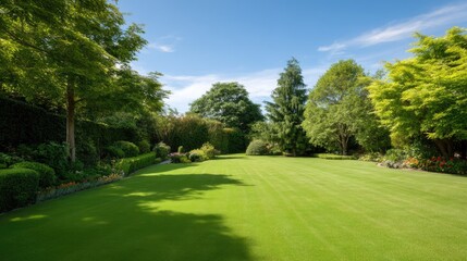 Obraz premium Serene Green Lawn Surrounded by Lush Trees and Vibrant Flower Beds Under a Bright Blue Sky in a Welcoming Garden Landscape