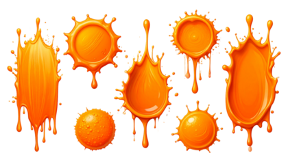 Set of Orange Juice Liquid Splashes, Drops, and Splatters Isolated on Transparent Background