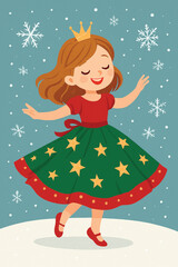 Happy Little Girl Twirling in Red and Green Christmas Dress