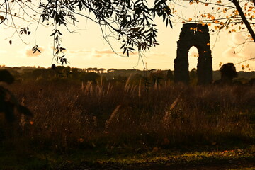 roman aqueduct at sunset