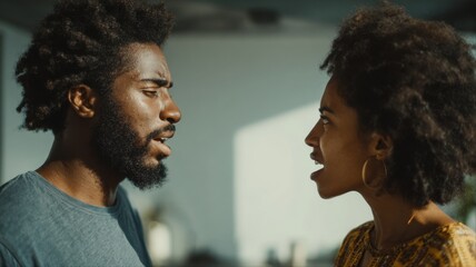 A couple engaged in a serious and emotional conversation, their expressions and body language reflecting tension and unresolved conflict.