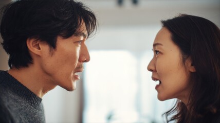 A couple engaged in a serious and emotional conversation, their expressions and body language reflecting tension and unresolved conflict.