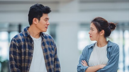 A couple engaged in a serious and emotional conversation, their expressions and body language reflecting tension and unresolved conflict.