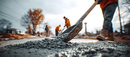 Workers in safety vests and helmets pour and spread fresh concrete on a construction site, with a close-up view of the wet cement flowing from a chute.