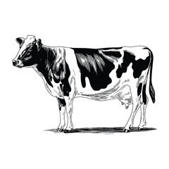 Detailed black and white ink sketch of a holstein friesian dairy cow standing in profile with a textured farm field background