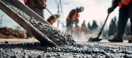 Workers in safety vests and helmets pour and spread fresh concrete on a construction site, with a close-up view of the wet cement flowing from a chute.