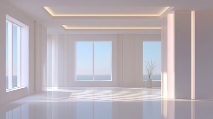 Obraz premium Bright and Airy Modern Interior with Large Windows and Minimalist Design, Perfect for Contemporary Living Space or Office Environment