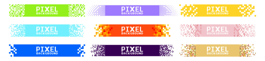 Pixel mosaic banner set, abstract geometric colorful template, modern square design on transparent background