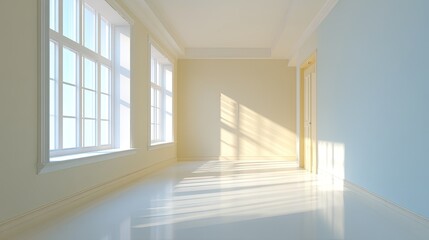 Fototapeta premium Bright and Airy Interior Design with Large Windows and Soft Natural Light in Empty Room Featuring Warm Tones and Clean Lines for Modern Aesthetic