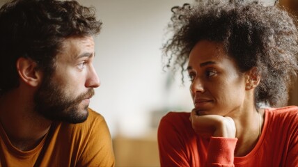 A couple engaged in a serious and emotional conversation, their expressions and body language reflecting tension and unresolved conflict.