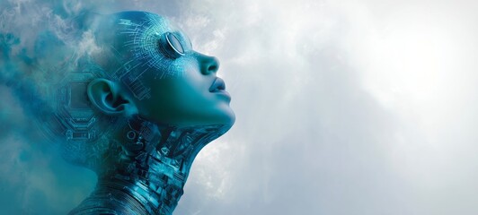 Vivid Male Sci-Fi Portrait in Futuristic High-Tech World with Elegant Tech Aesthetic and Clear Left-Side Negative Space for Ad Text