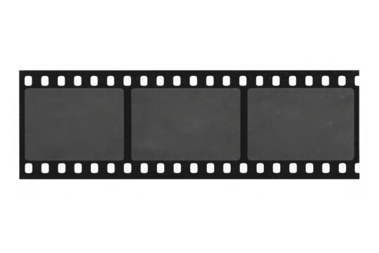 Cinematic movie film strip with blank frames on transparent background representing vintage camera negatives