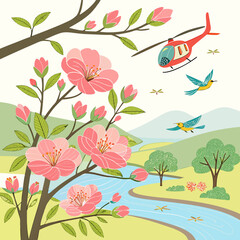 Whimsical landscape with stylized flowers, birds, and planes flying above vibrant mountains, a playful scene evoking wanderlust and imagination in nature