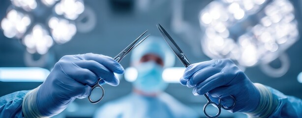 The surgeon holding scissors and forceps in a sterile operating room before surgery